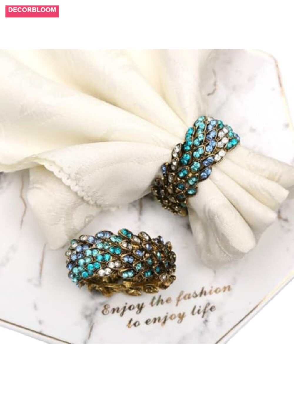 Set of 12 Jeweled Peacock Napkin Rings Alloy Metal Rhinestone Table Decor